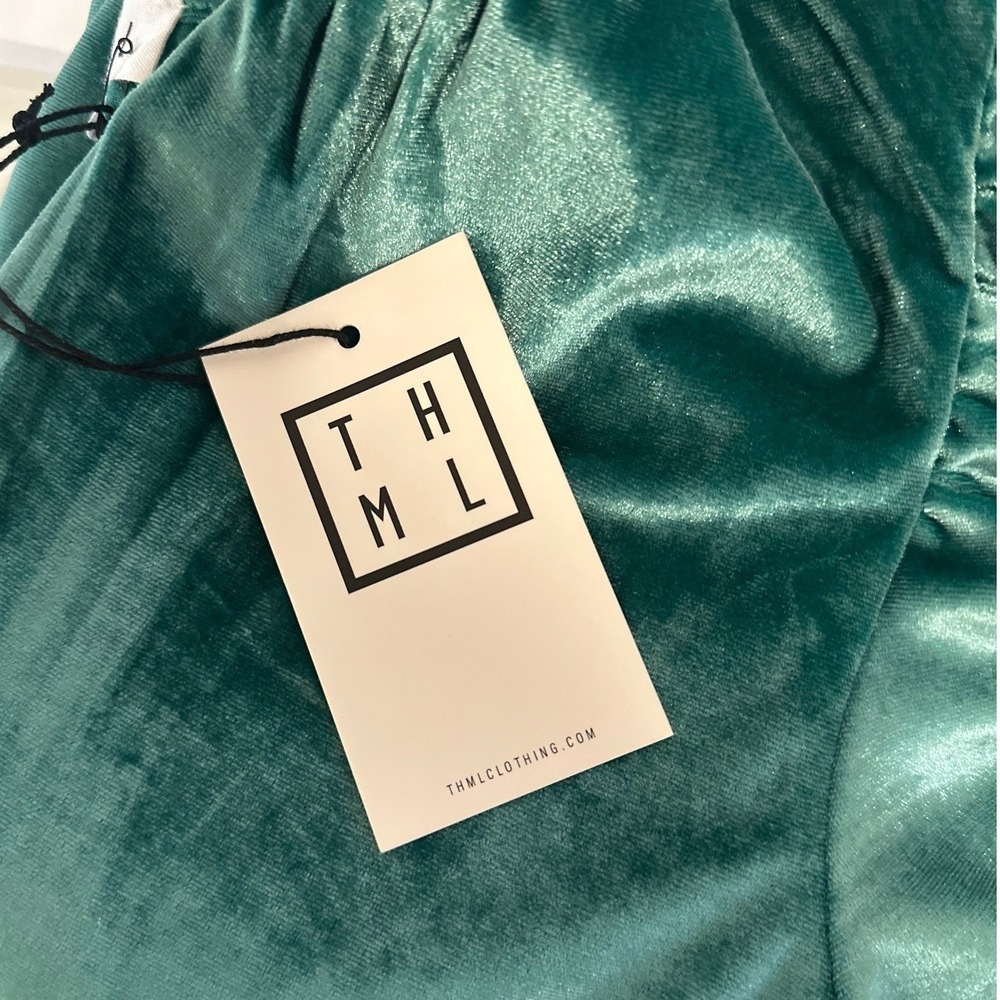 THML Velvet Maxi Dress Womens Medium Teal Green NWT Smocked Tiered Split‎ Neck - Picture 8 of 8